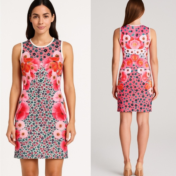Clover Canyon Floral Scuba Shift Dress Poppy Blossoms Pink Multi Small - Picture 3 of 13